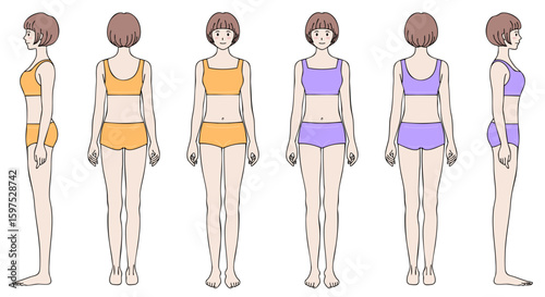 女性の全身モデル 3面イラスト オレンジ・紫カラーセット