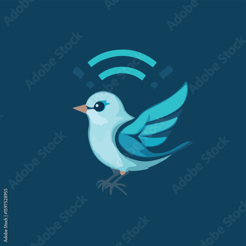 Cute blue bird with wi fi signal waves on dark background