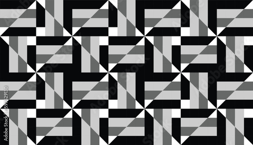Monochrome seamless pattern with alternating blocks and diagonal cuts creating a rotating effect. Perfect for bold and modern backgrounds