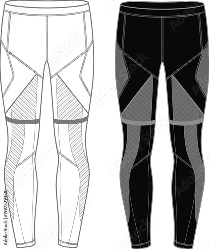 Men's Black and Grey Compression Leggings with Geometric Design for Athletic Performance, Fitness Training, Running, and Workout Sessions, Sportswear Apparel Flat Sketch, Technical Drawing.