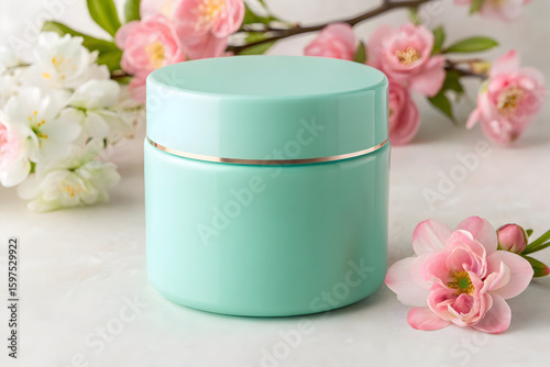 Wallpaper Mural Teal skincare jar with floral accents pastel backdrop Torontodigital.ca