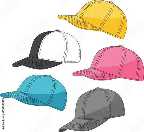 Set of Baseball Caps in Various Colors Technical Fashion Illustration Flat Sketch Template, Headwear Blank Mockup for Branding, Casual Sportswear Accessory.