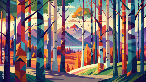 Very beautiful Abstract colorful geometric illustration of birch trees, birch tree forest, panoramic or landscape aspect ratio.
