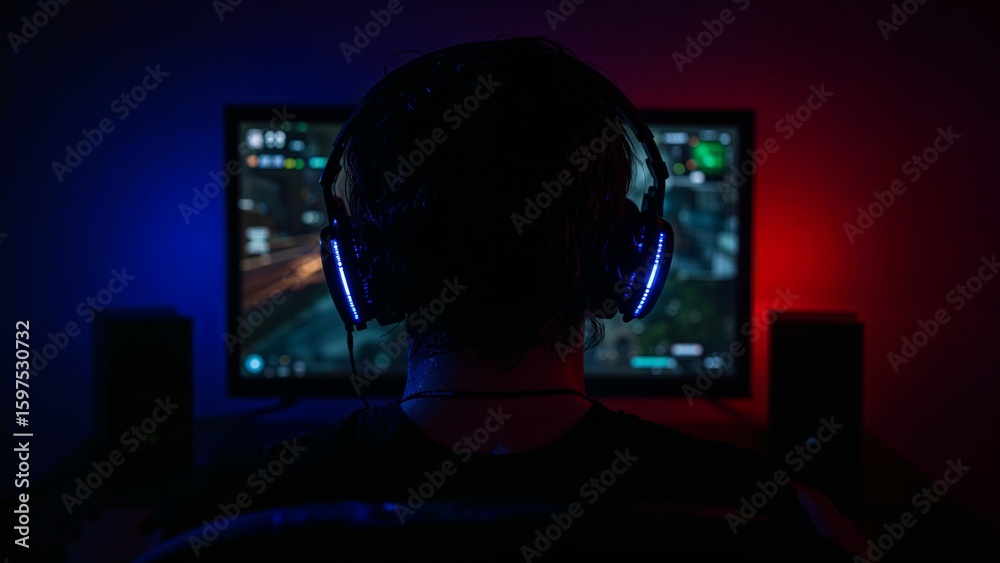 Fototapeta premium Focused Gamer in Modern Gaming Setup with Blue and Red LED Lights