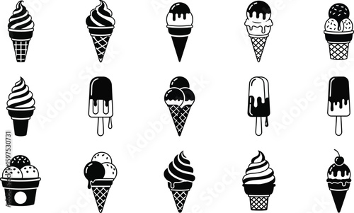 Variety of ice cream and popsicles illustrated in a simple black style