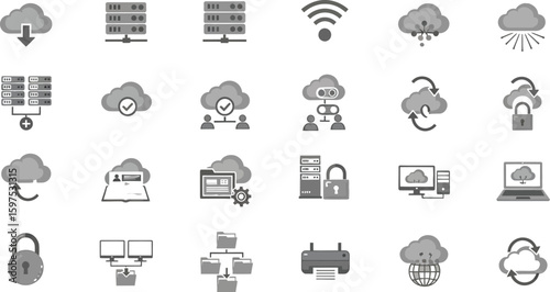 Cloud computing icons vector set for data storage networking and security technology solutions design