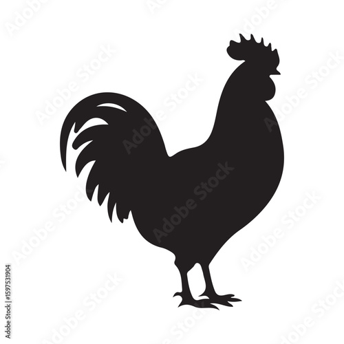 Black silhouette of a rooster standing on white background chicken bird