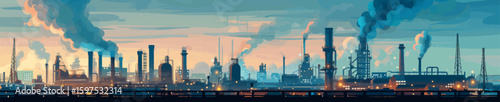 large industrial cityscape filled with factories and smokestacks emitting thick clouds of smoke and pollution. Generative ai vector illustration. Pop art comic book style imitation