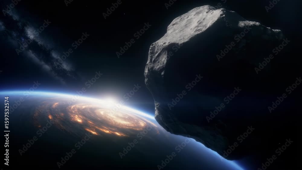 Asteroid approaching Earth in deep space as celestial body moves toward planet surface, dramatic cosmic impact scenario with atmospheric glow effect