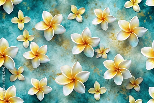 Elegant Plumeria Flowers on a Textured Turquoise Background for a Tropical Vibe