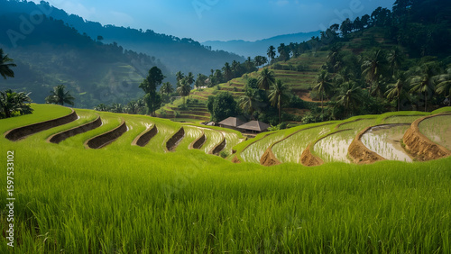 Vast rice paddies stretch through Bali’s Jatiluwih, framed by misty mountain landscapes.
