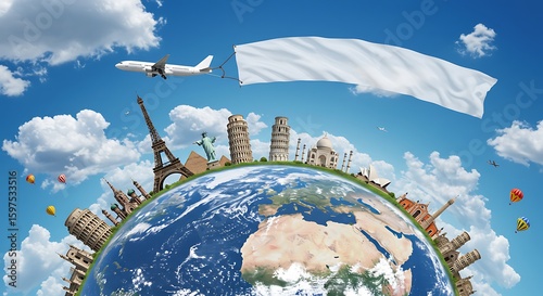 Global Travel Concept Airplane with Banner Flying Over World Landmarks