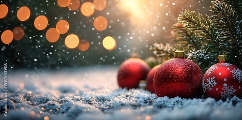 Red Christmas Ornaments Snow Covered Pine Branch Bokeh Lights image