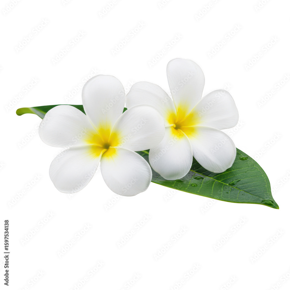 Naklejka premium Two white plumeria flowers with green leaf isolated on transparent background