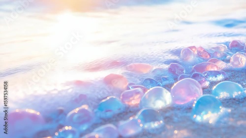 Coastal Serenity: An array of transparent, ethereal jellyfish rest gently on the shore as the tranquil ocean washes over them, bathed in the soft light of dawn. A moment of peace and beauty.
