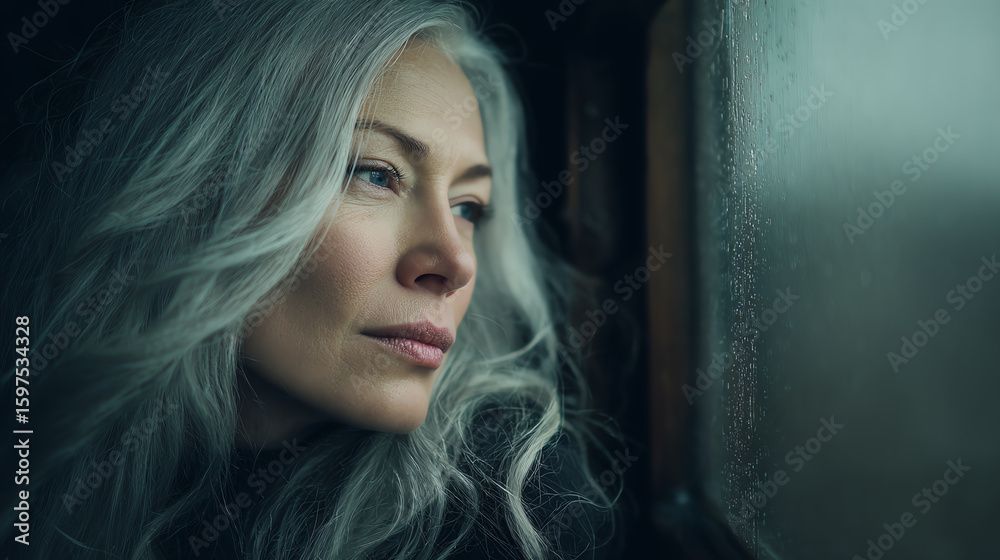 Fototapeta premium A contemplative woman gazes out of a window, showcasing her silver hair in a moment of deep reflection and tranquility.