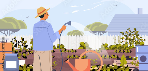 Man gardening backyard plants watering hose outdoor nature trees fence house blue sky landscape garden tools flat website banner