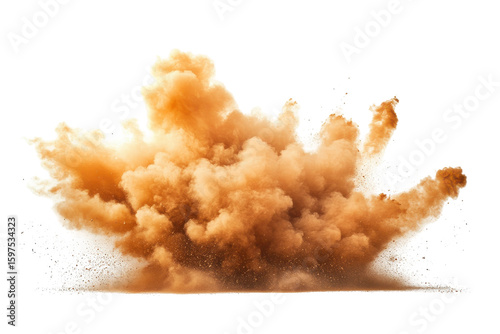 Explosion cloud of orange smoke and dust isolated on transparent background. Dynamic explosion of dust cloud isolated on white background.