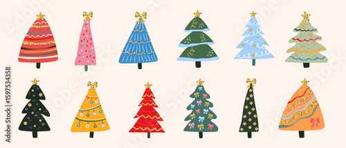 Collection of festive Christmas creative trees with golden glitter. Concept of festive design for greeting cards and banners.