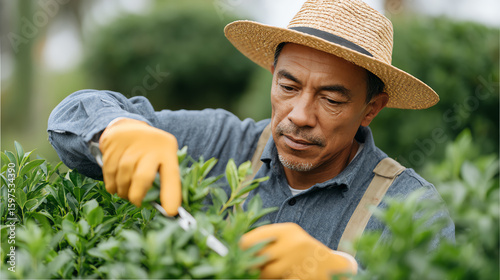 A diligent gardener carefully prunes green bushes, showcasing dedication to plant care and gardening skills.