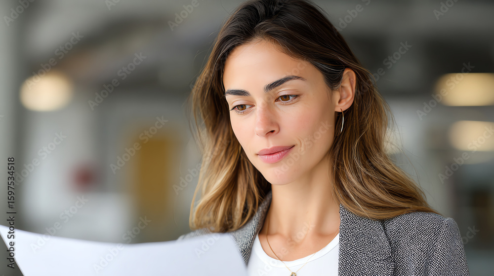 Fototapeta premium A focused woman reviewing documents in a modern office space, highlighting commitment to work and professionalism.