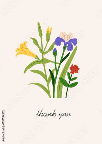 Floral poster design with spring flower blossoms. Summer garden nature, blooming plants with leaves, vertical botanical postcard, thank you card, typography. Colored flat vector illustration