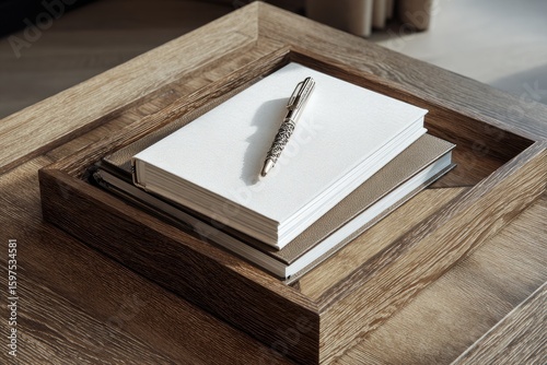 Books and pen on wooden tray