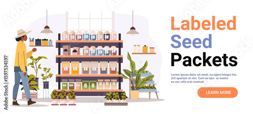 Labeled seed packets shop female customer shelf jars plants gardening store interior potted flowers modern flat design web banner