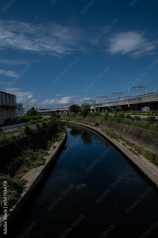 Obraz premium 日本、大阪府、京阪電車、寝屋川、電車、交通、京阪電気鉄道、京阪本線、川、橋、堀、写真素材