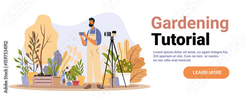 Gardening tutorial man filming plants outdoor camera tripod foliage modern flat website banner