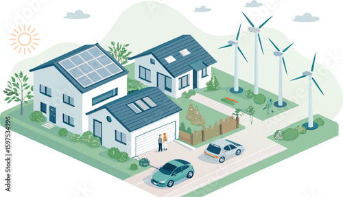 Sustainable neighborhood with solar panels and wind turbines powering homes and electric cars.