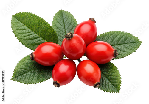 Six bright red rose hips with green leaves on rosehip fruit