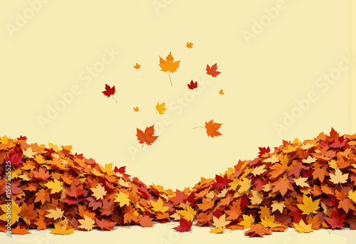 Colorful autumn leaves piled on yellow background with falling leaves  