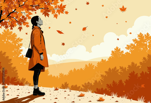 Person admiring falling leaves in autumn landscape with orange hues  