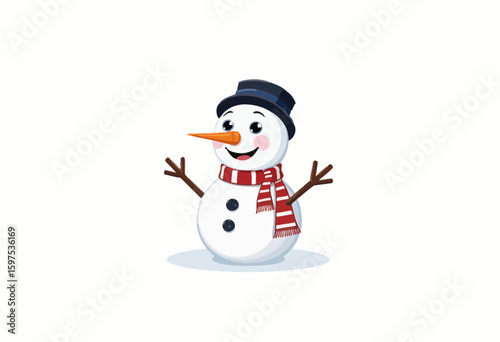 Cheerful snowman waving with a hat and scarf on white background  