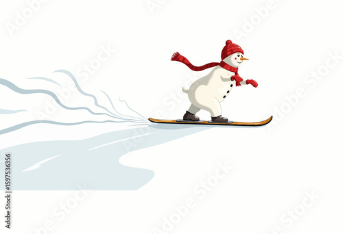 Snowman skiing on snowboard with red scarf in winter landscape  