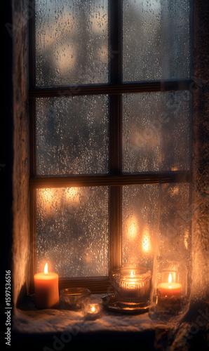 Cozy ambiance candles burning on windowsill during a rainy night creating a warm and inviting atmosphere home interior