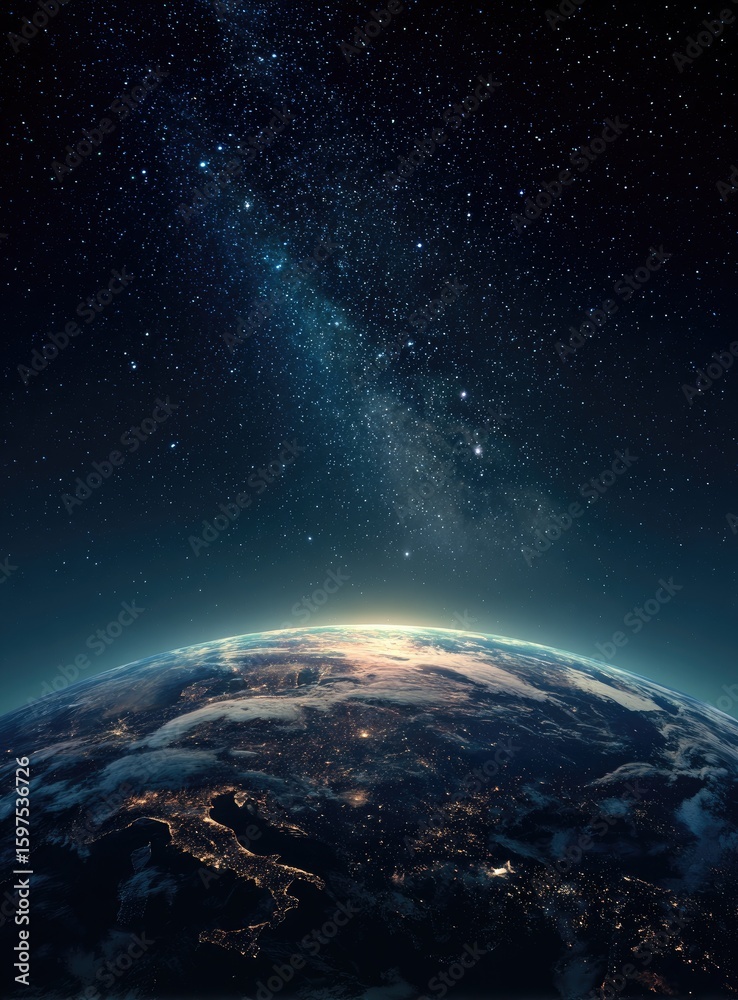 Fototapeta premium Earth from space, night side, Milky Way