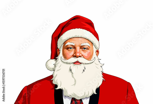 Classic Santa Claus with white beard and red suit on white background  