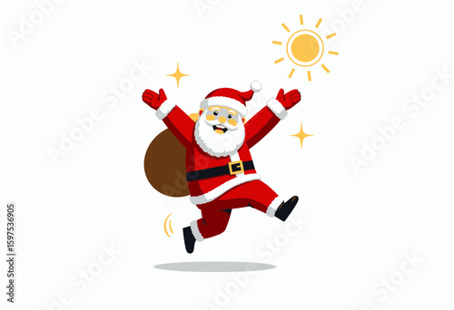 Cheerful Santa Claus dancing with gift sack under bright sun  