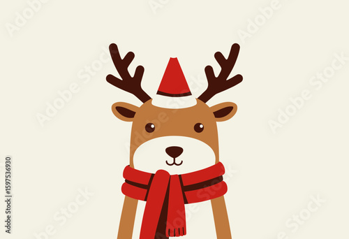Cute cartoon reindeer wearing a scarf and hat on light background  