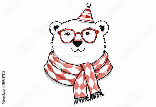 Cartoon polar bear wearing glasses and a party hat with scarf  