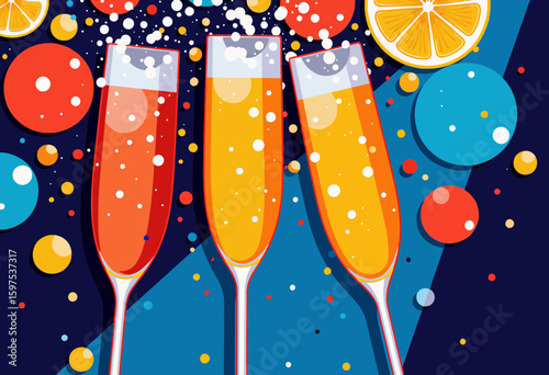 Colorful champagne flutes with bubbles and citrus slices on background  