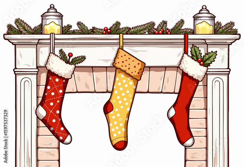 Colorful Christmas stockings hanging from a decorated fireplace  