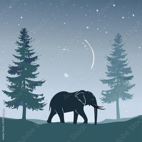 A majestic tiger prowls in a moonlit pine forest, a serene nocturnal wilderness scene vector illustration.