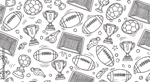 Seamless sports pattern background with football soccer trophy and more vector illustration 100char