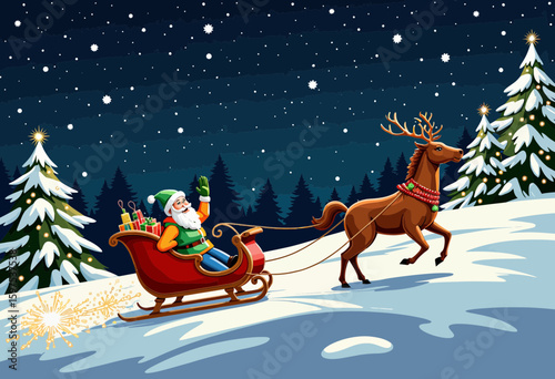 Santa Claus riding sleigh with reindeer through snowy landscape  