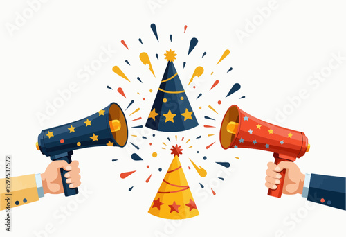 Celebration with colorful party hats and megaphones in festive style  