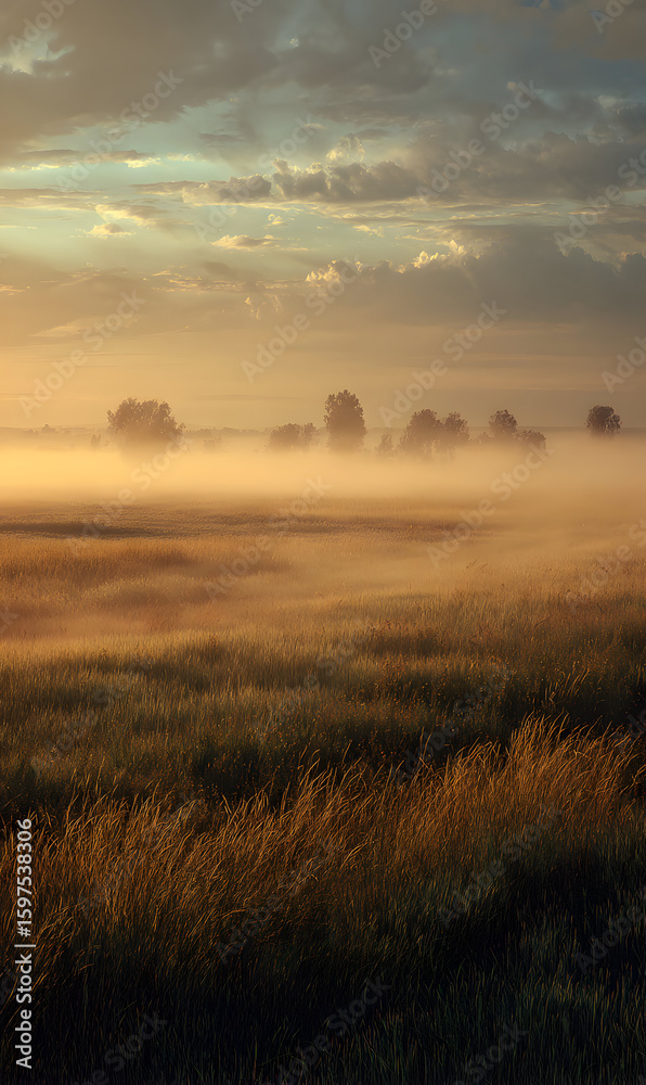 Fototapeta premium Mystical morning landscape with ethereal fog rolling over golden meadows and distant trees creating a scenic and