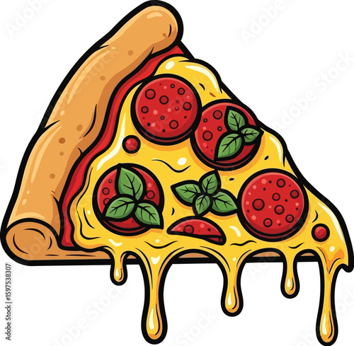 Cartoon pepperoni pizza slice with cheese and basil, dripping with flavor